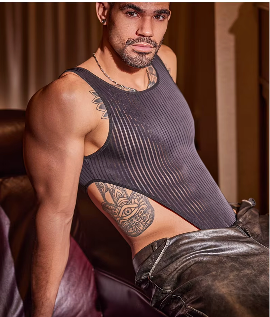 Black Striped Mesh Bodysuit