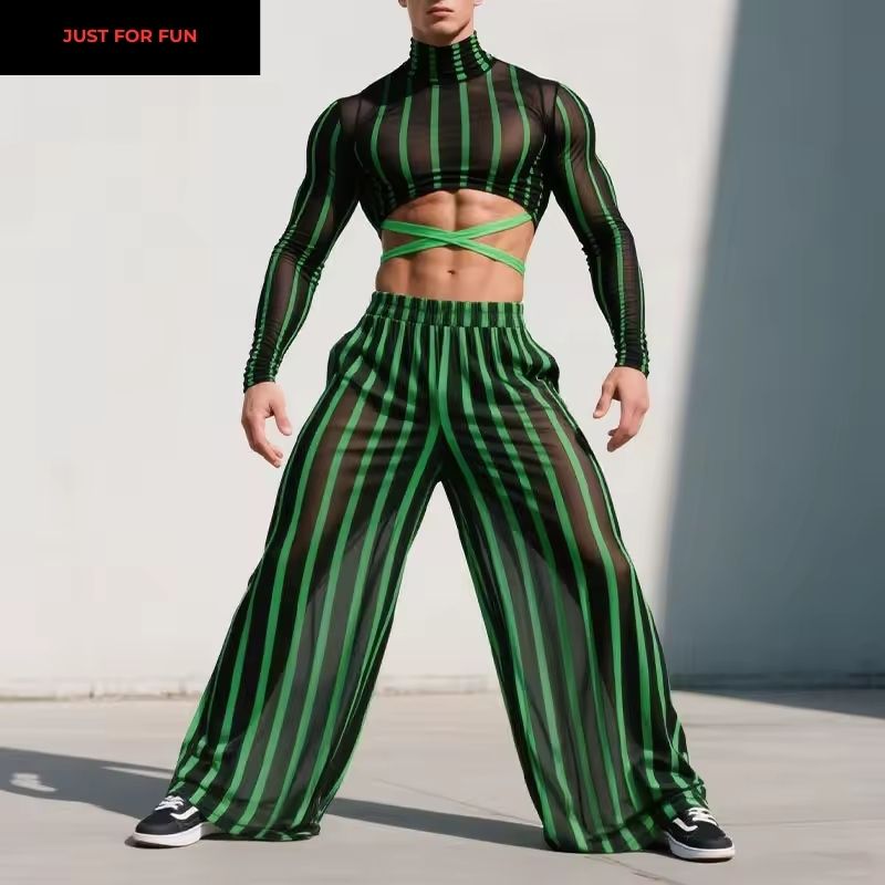 Green Striped Mesh T-shirt and Pants Two Pieces Set