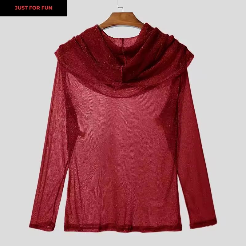 Red Shiny Mesh Hooded T-shirt