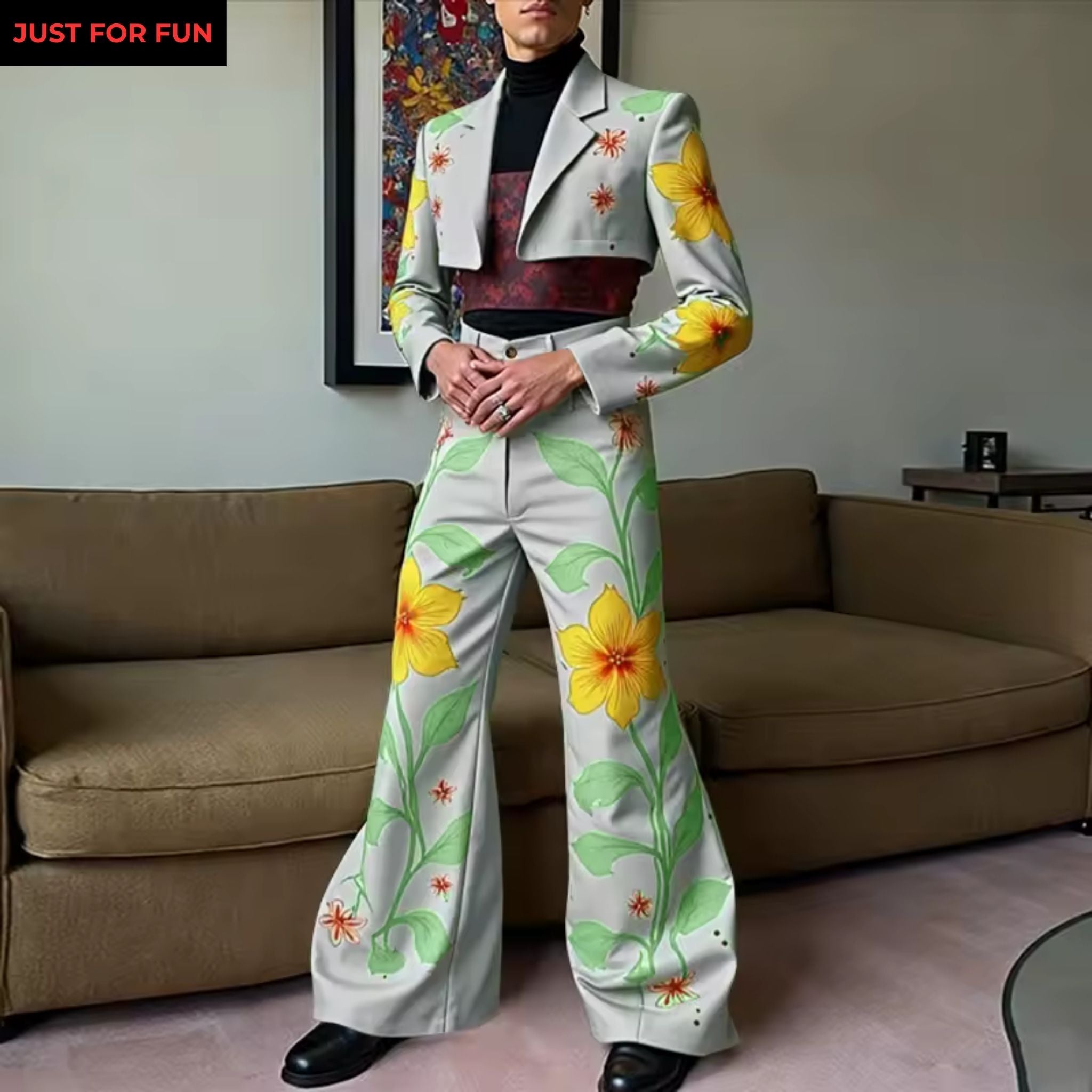 Two Piece Printed Crop Blazer and Wide Leg Pants