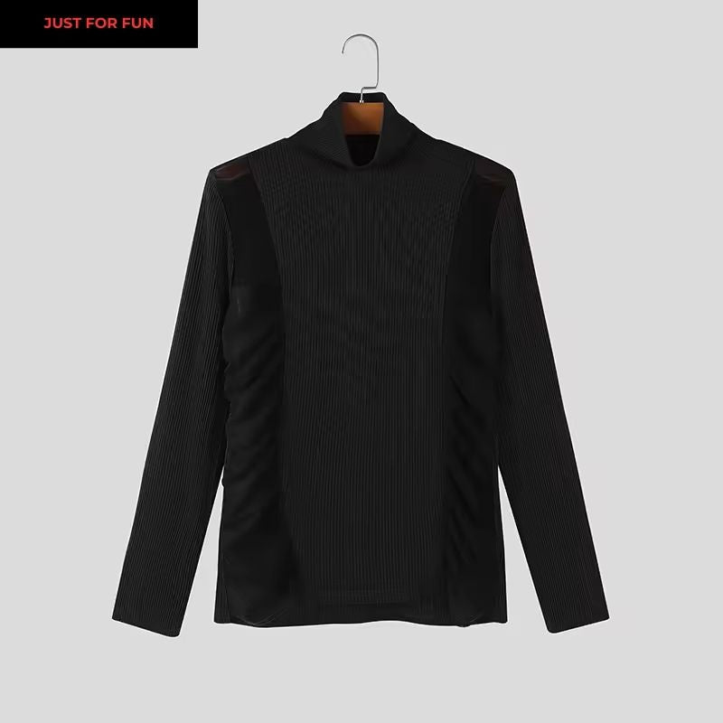 Black Patchwork Long Sleeve Mesh T-shirt