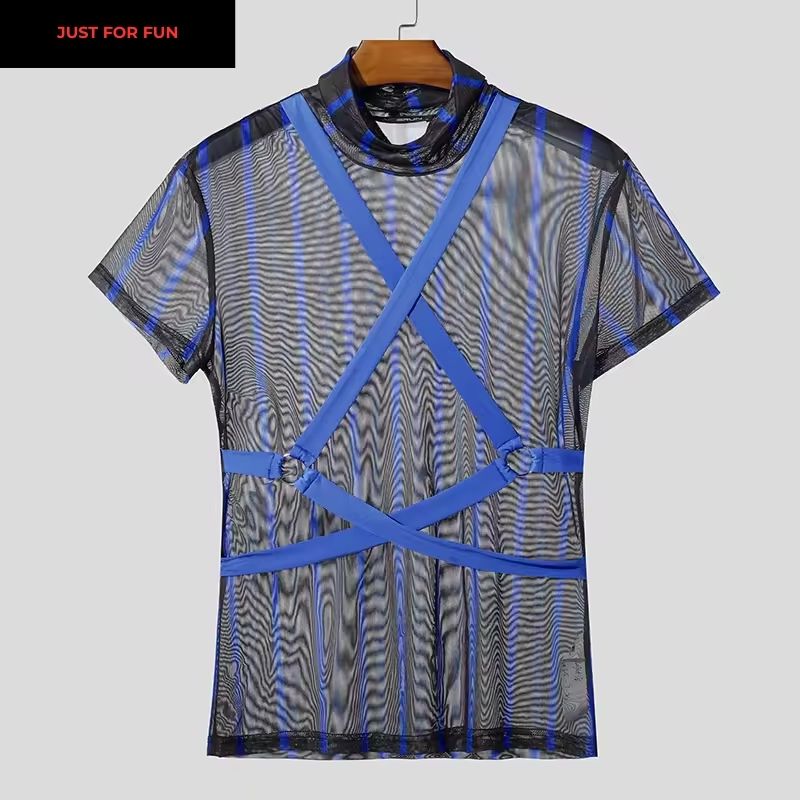 Pink Striped Turtleneck Sheer T-shirt