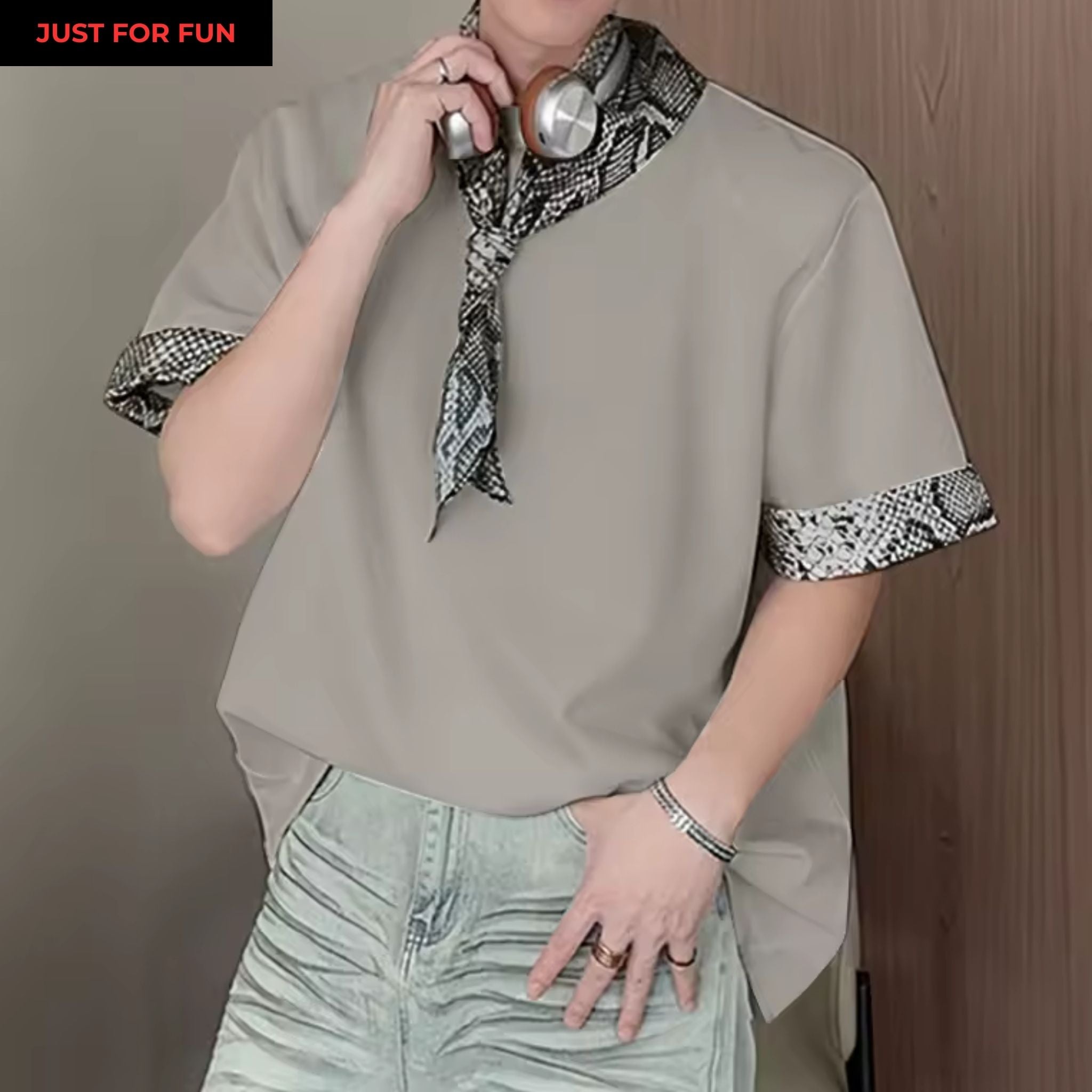 Gray Neck Detailed Patchwork Oversize T-shirt