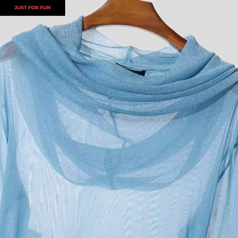 Red Shiny Mesh Hooded T-shirt