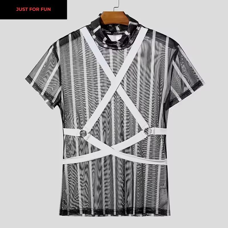 Pink Striped Turtleneck Sheer T-shirt