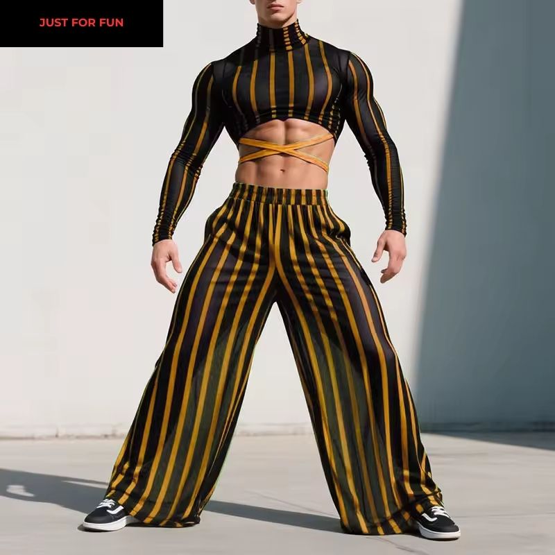 Green Striped Mesh T-shirt and Pants Two Pieces Set