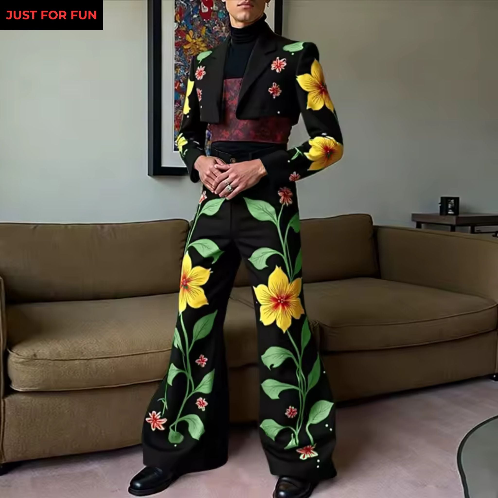 Two Piece Printed Crop Blazer and Wide Leg Pants