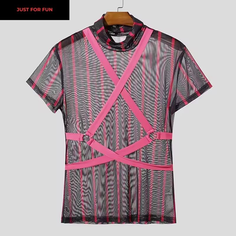 Pink Striped Turtleneck Sheer T-shirt