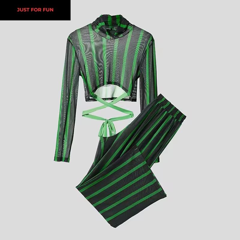 Green Striped Mesh T-shirt and Pants Two Pieces Set