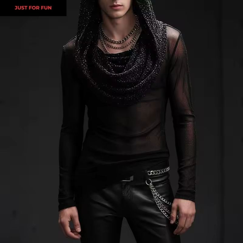 Red Shiny Mesh Hooded T-shirt