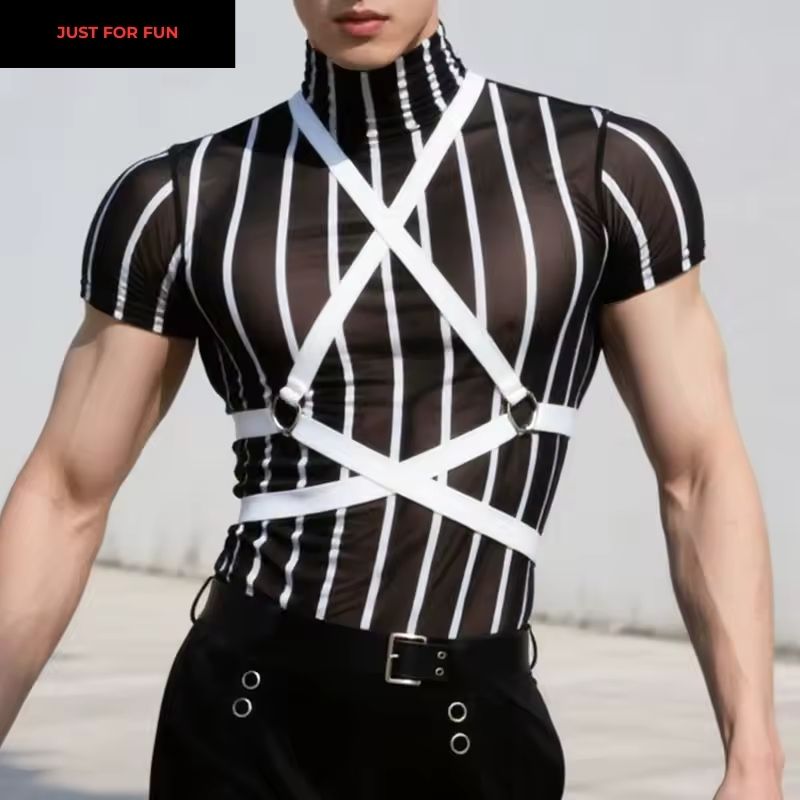 Pink Striped Turtleneck Sheer T-shirt