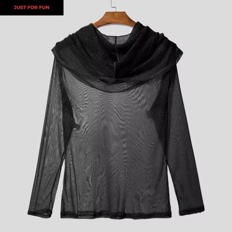 Red Shiny Mesh Hooded T-shirt