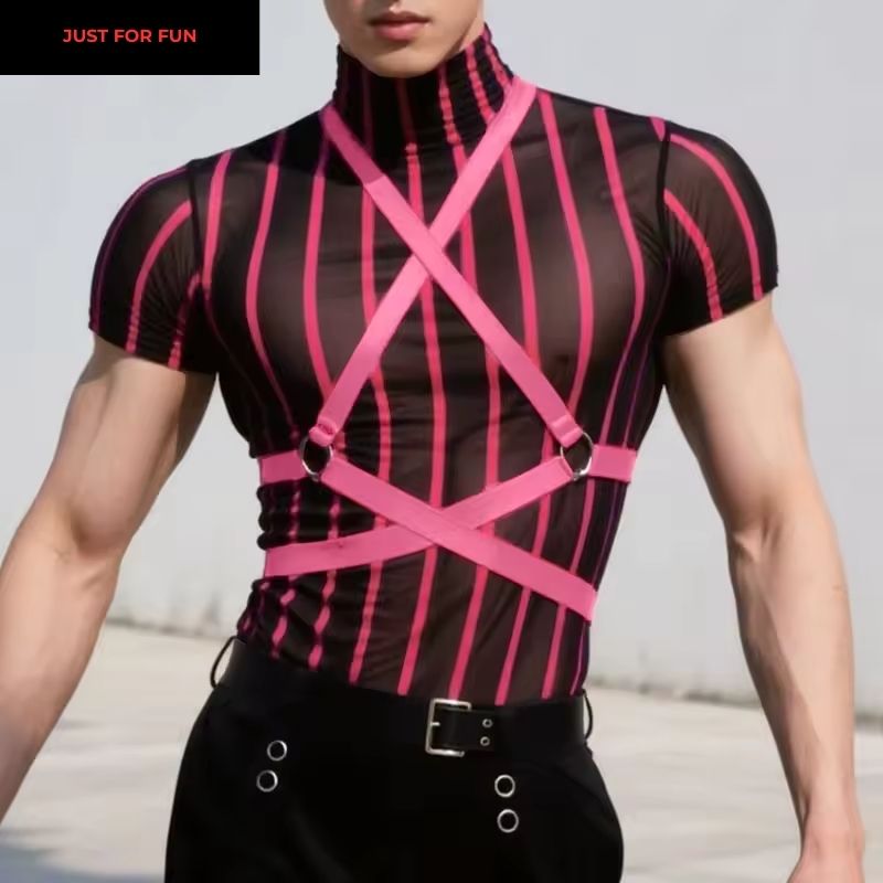 Pink Striped Turtleneck Sheer T-shirt