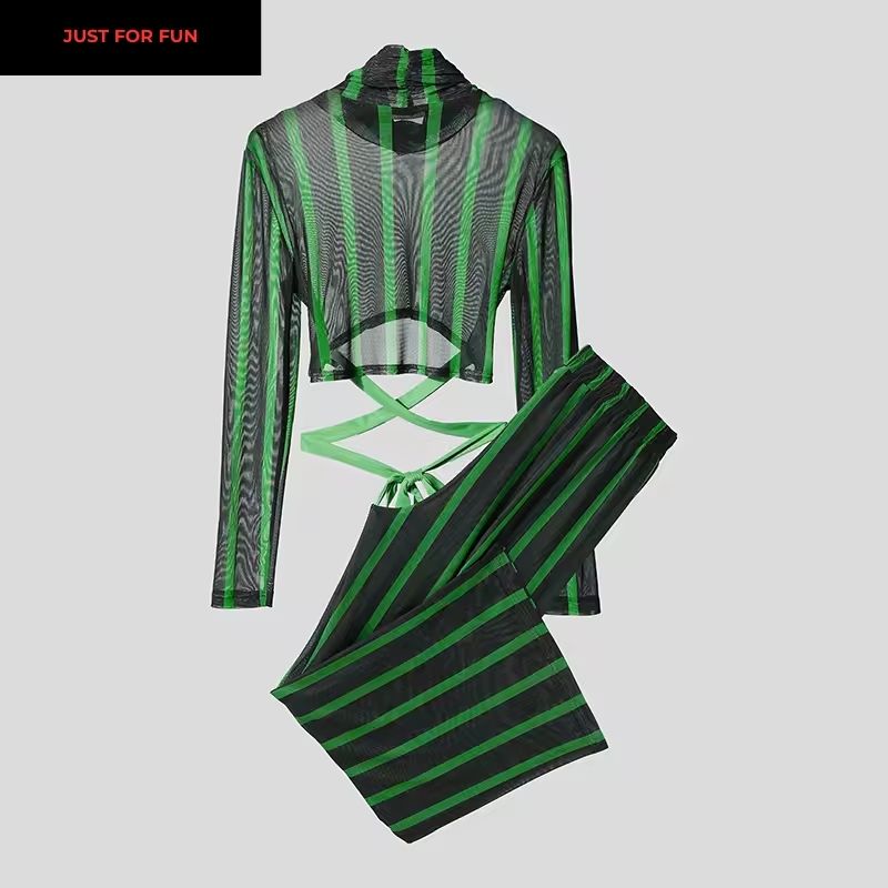 Green Striped Mesh T-shirt and Pants Two Pieces Set