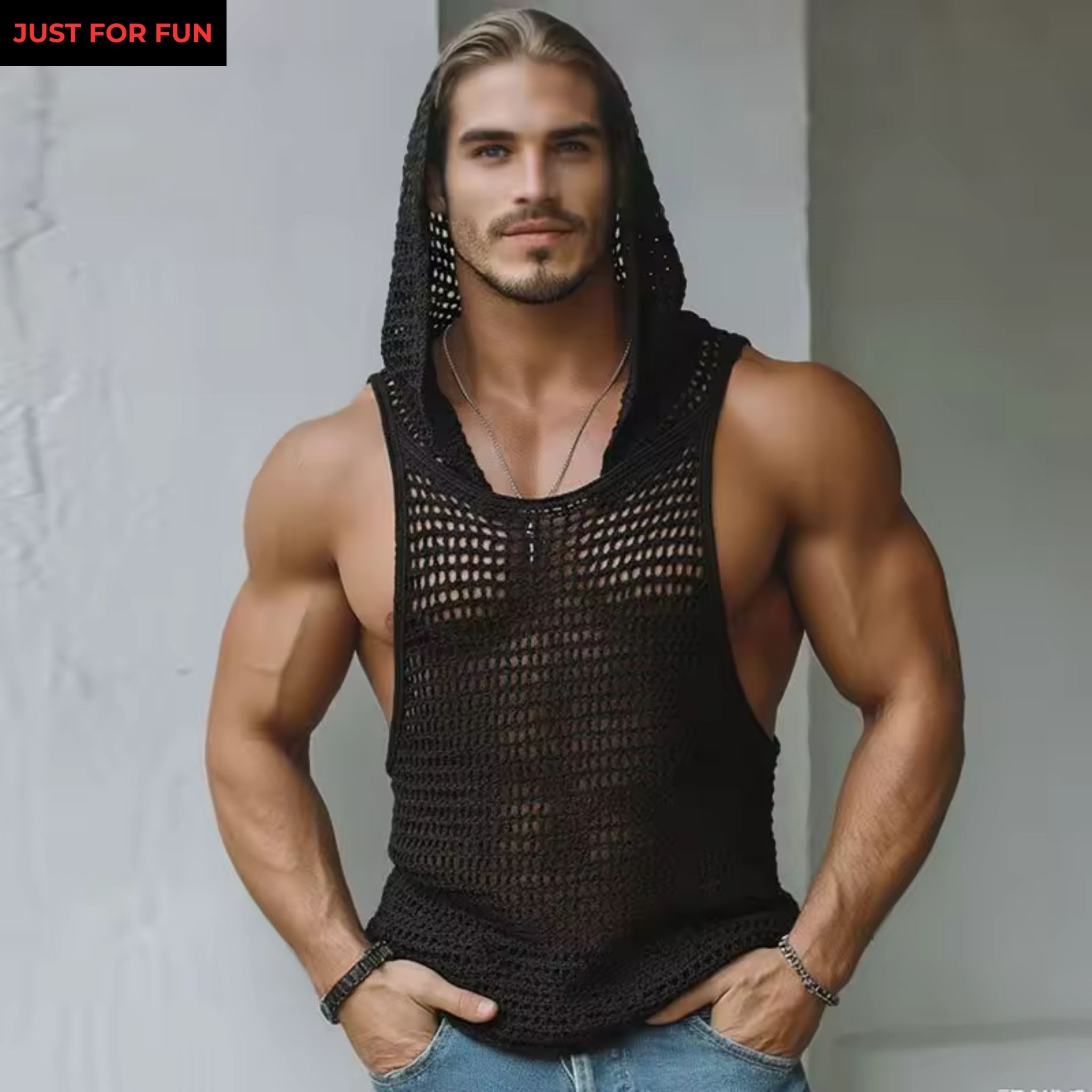 Brown Mesh Hooded Tank Top Men