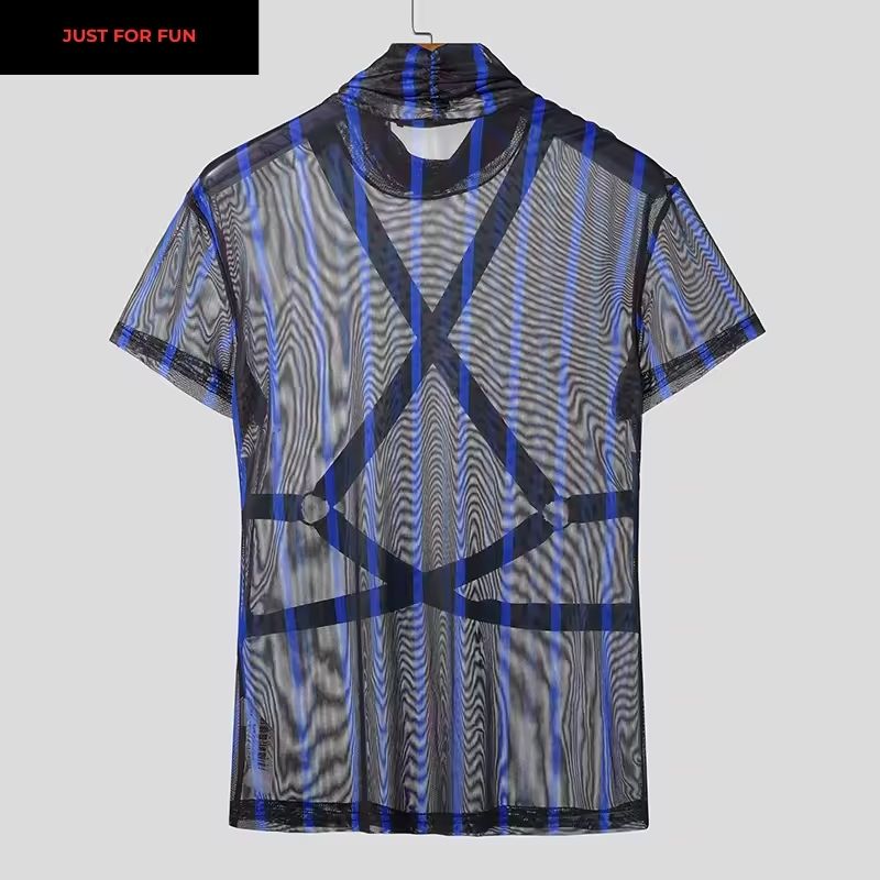 Pink Striped Turtleneck Sheer T-shirt