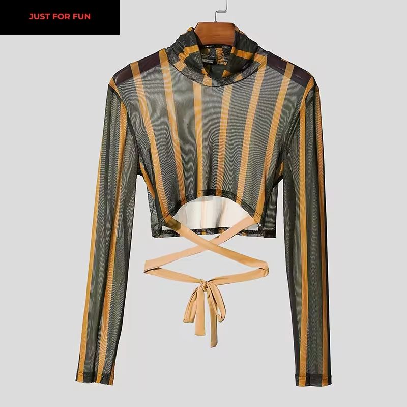 Green Striped Mesh T-shirt and Pants Two Pieces Set