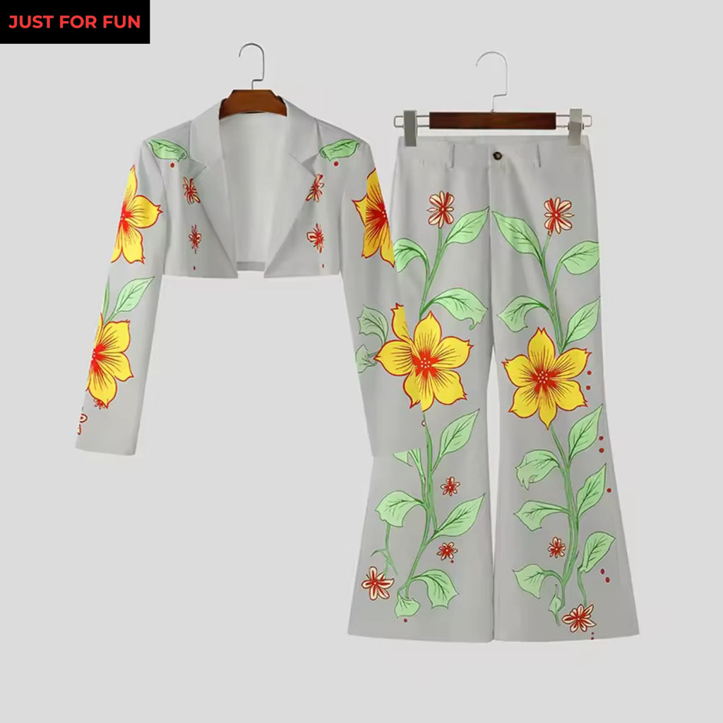 Two Piece Printed Crop Blazer and Wide Leg Pants