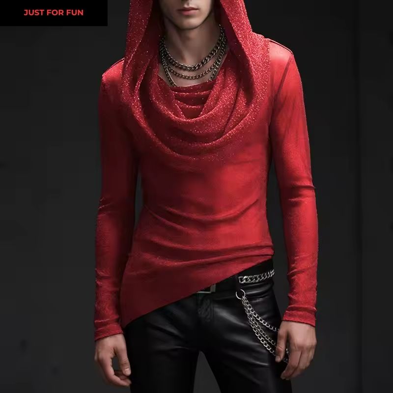 Red Shiny Mesh Hooded T-shirt