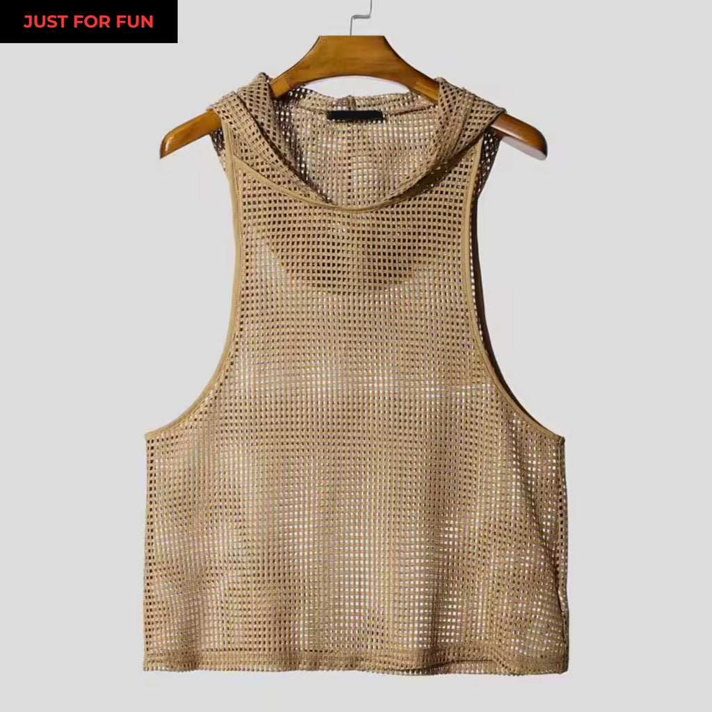 Brown Mesh Hooded Tank Top Men