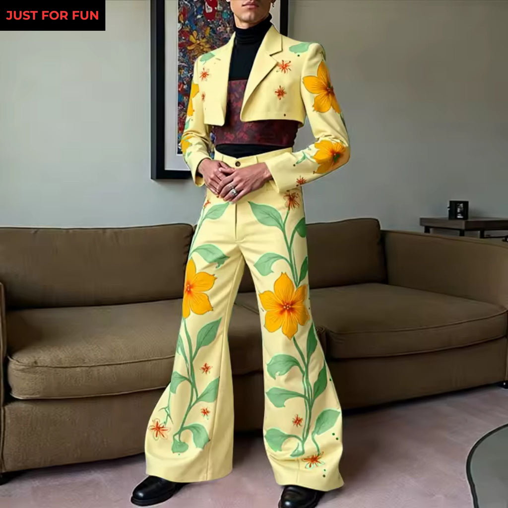 Two Piece Printed Crop Blazer and Wide Leg Pants