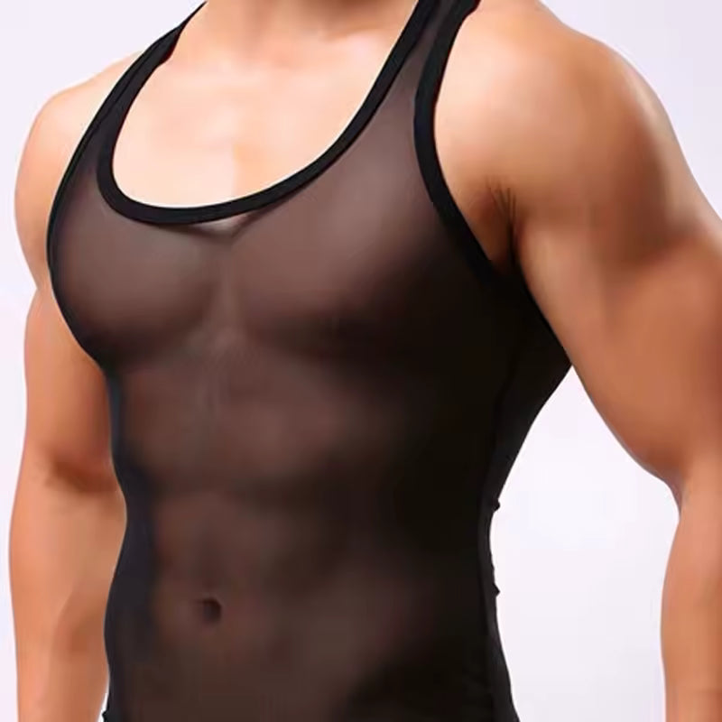 Black Sheer Solid Tank Top Men
