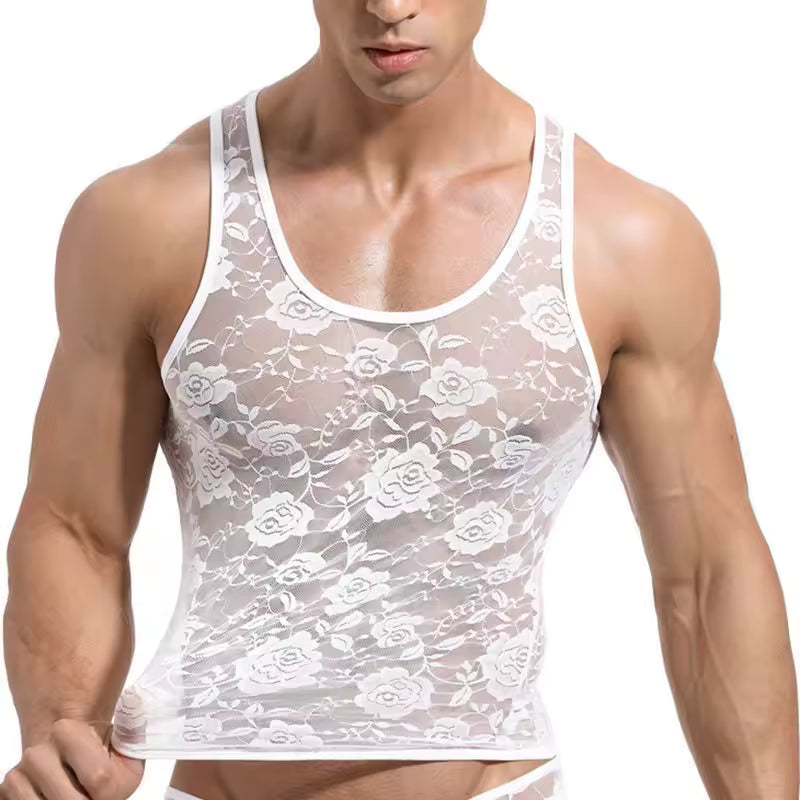 White Lace Tank Top Men