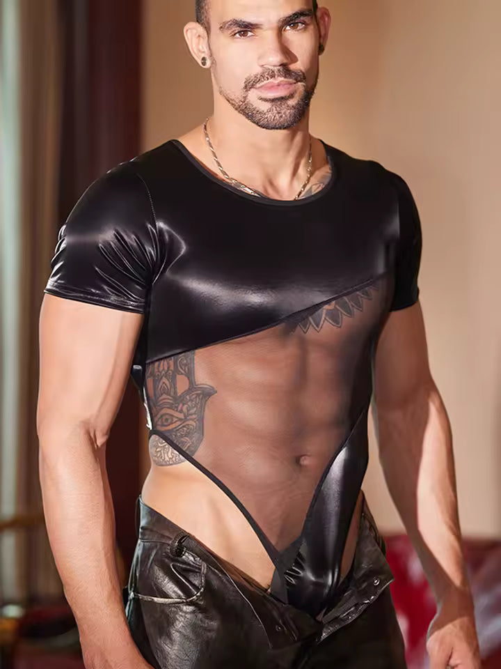 Black Patchwork Sheer Bodysuit